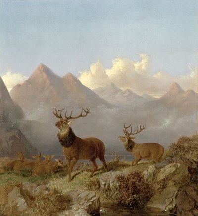Detalj av hjortar och hindar i ett höglandslandskap, 1864 av John Frederick Herring Junior