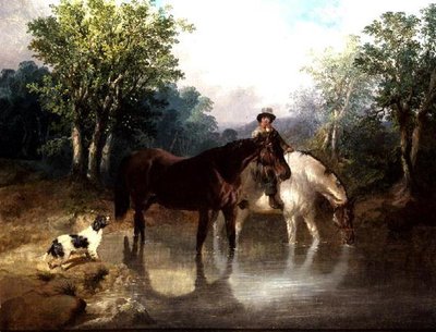 Två hästar, en man och en hund vid en bäck av John Frederick Herring Jnr