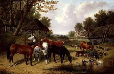Hästar vid en gårdsdamm (olja på duk) av John Frederick Herring Senior