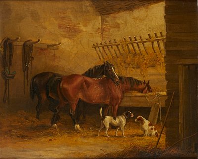 Hästar och hundar i en stallinredning (olja på duk) av John Frederick Jr. (attr.to) Herring
