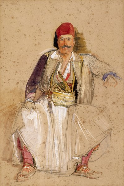 A Corfiote Warrior, sittande (akvarell över penna på benvitt papper) av John Frederick Lewis
