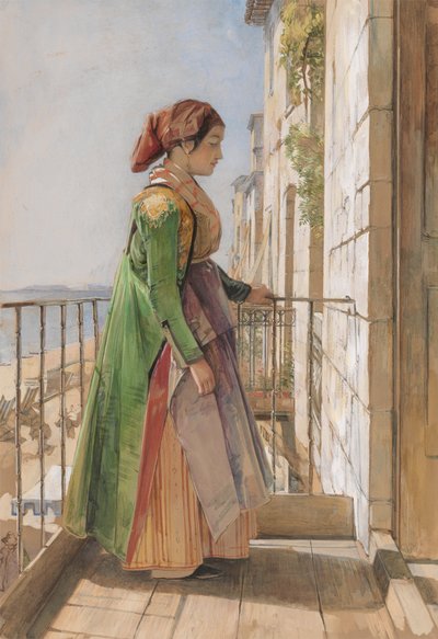 En grekisk flicka som står på en balkong av John Frederick Lewis