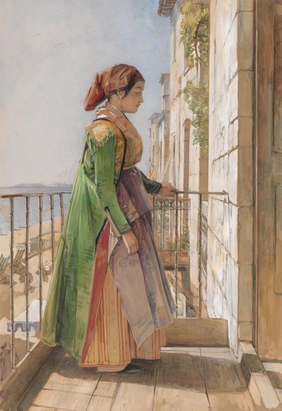 En grekisk flicka står på en balkong av John Frederick Lewis