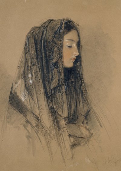Head of an Italian Girl in a Mantilla, 1838 (röd och svart krita och indiskt bläck med akvareller och kroppsfärger på buff board) av John Frederick Lewis
