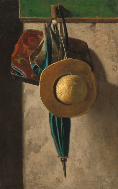 Stråhatt, väska och paraply, ca 1900 (olja på tyg överförd från canvasbräda) av John Frederick Peto