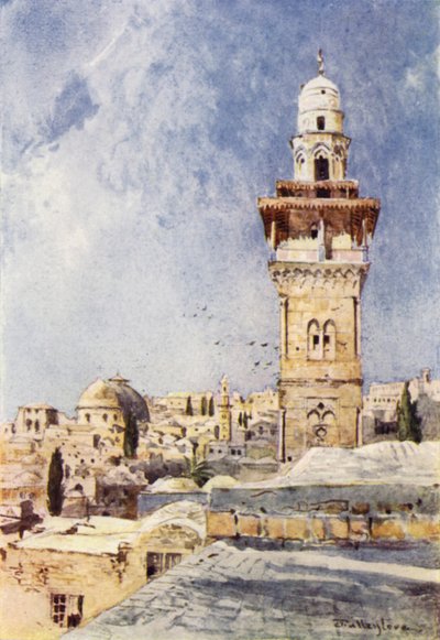 En minaret i det nordvästra hörnet av tempelområdet (färg litho) av John Fulleylove