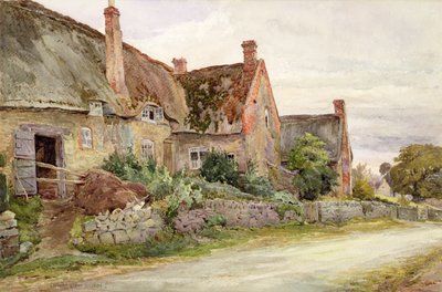 Halmtak stuga med lada angränsande, 1881 (wc & grafit på papper) av John Fulleylove