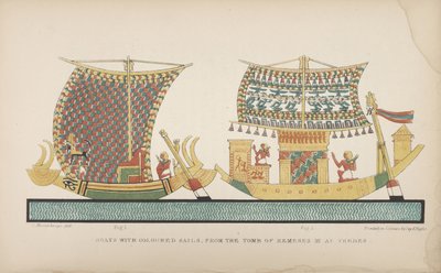 Båtar med färgade segel, från Ramses III:s grav i Thebe, illustration från "Maners and Customs of the old egyptians...", 1837-41 av John Gardner Wilkinson