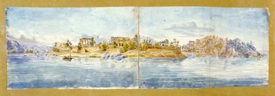 Ön Philae. Akvarell av John Gardner Wilkinson (1797-1875), brittisk resenär och arkeolog, "den brittiska egyptologins fader". Fornegyptiskt tempelkomplex vid Nilen nära Aswan av John Gardner Wilkinson