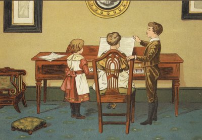 Barn som övar vid pianot (färg litho) av John George (after) Sowerby
