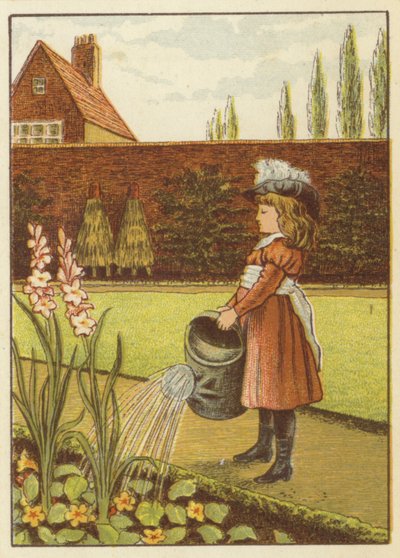 Flicka som vattnar trädgården (färg litho) av John George (after) Sowerby