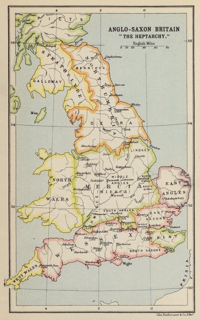 Anglosaxiska Storbritannien, "The Heptarchy" (litografi) av John George Bartholomew
