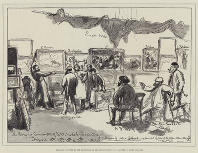 Hängande bilder på utställningen av Royal Society of Painters in Water Colors av John Gilbert