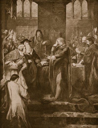 Kung Richard II överlämnar kronan till sin kusin Bolingbroke, illustration från 