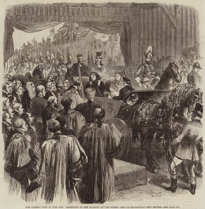 Drottningens besök i staden, mottagning av Hennes Majestät vid Surrey End of Blackfriars New Bridge av John Gilbert
