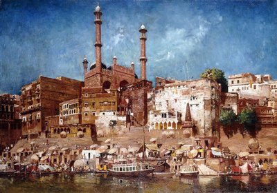 En utsikt över Ghats med Aurangzebs moské, Benares av John Gleich