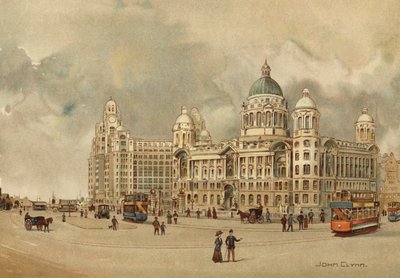 Liverpool: Offices of the Mersey Docks and Harbour Board, The Liver Building, Etc, Approach to the Landing Stage (färg litho) av John Glynn