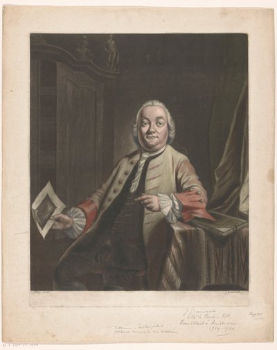 Porträtt av Simon Fokke med i handen trycket av plundringen av Gerrit Hagedoorens hus, 1751 av John Greenwood