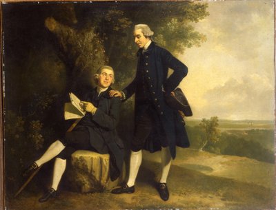 Dubbelporträtt av Thomas Somers Cocks och Richard Cocks från Castleditch, båda små i full längd, den förra i en blå kappa och väst som håller en svart trehörning, den senare sitter i en blå kappa och väst med ett manuskript, i ett landskap, av John Hamilton Mortimer