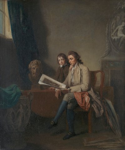Porträtt av en man och en pojke som tittar på utskrifter av John Hamilton Mortimer