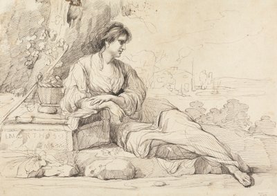 Lutande kvinnlig figur i ett italienskt landskap av John Hamilton Mortimer