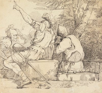 Tre soldater i rustning sitter på stenblock av John Hamilton Mortimer