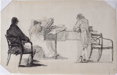 En musikalisk kväll (penna och bläck på papper) av John Harden