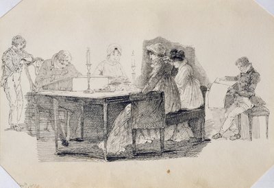 An Evening at Home, 1804 (penna och bläck på papper) av John Harden
