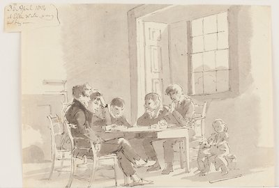 Pojkar som läser på Storrs, Elterwater, 1814 (penna och bläck med tvätt på papper) av John Harden