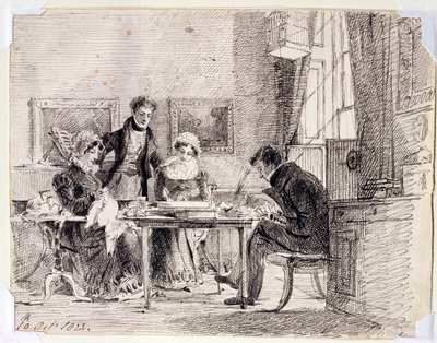 Familjegruppsömnad och läsning, 10 oktober 1823 (penna och bläck på papper) av John Harden
