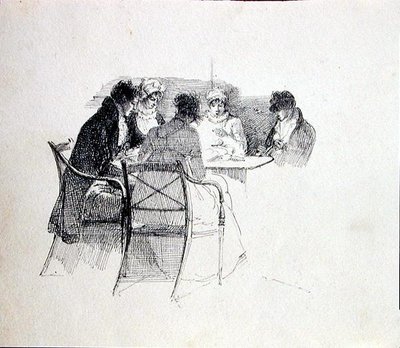 Grupp samlad runt ett bord (penna och bläck på papper) av John Harden