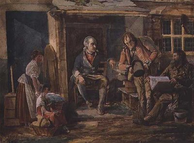 Grupp med en soldat utanför dörren till en stuga (akvarell på papper) av John Harden