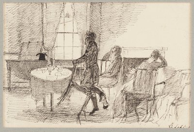 Interiör med figurer (penna och bläck på papper) av John Harden