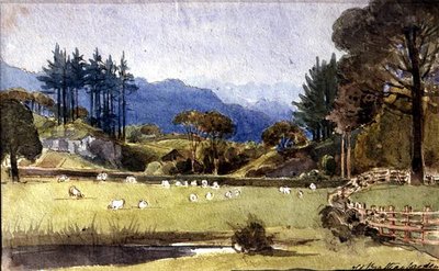 Langdale från North Shore of Windermere (akvarell på papper) av John Harden