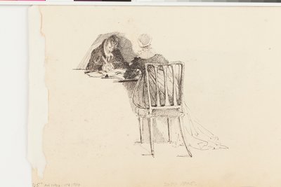Man och kvinna som skriver vid ett bord (penna och bläck på papper) av John Harden