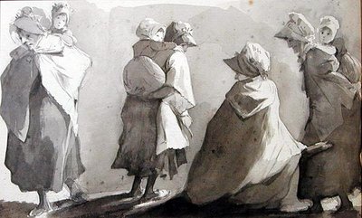 Mödrar som bär sina barn (penna och bläcktvätt på papper) av John Harden