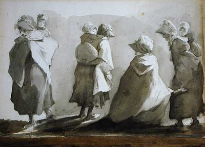Bondekvinnor och barn (penna- och bläcktvätt på papper) av John Harden