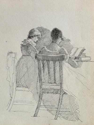 Läsning (penna och bläck på papper) (detalj av 14933) av John Harden