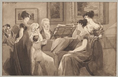 Sjung runt ett piano, 1806 (wc på papper) av John Harden