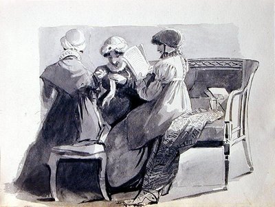 Tre kvinnor på en soffa (penna och bläcktvätt på papper) av John Harden
