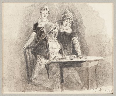 Tre vid ett bord, en sittande, 1807 (blyerts och tvätt på papper) av John Harden