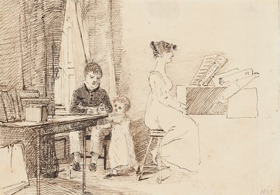 Två barn och en kvinna vid pianot, 1807 av John Harden
