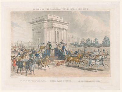 Utsikt över en gata och Wellington Arch vid Hyde Park Corner Hye Park Corner (titel på objekt) Street Views Around Epsom (serietitel) Scener på vägen, eller en resa till Epsom och tillbaka (serietitel) av John Harris