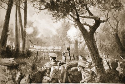 Acting-Lance-Corporal Barker hjälper en grupp som han samlat ihop för att öppna en kommunikationsgrav under kraftig granat- och kulspruteeld. av John Harris Valda
