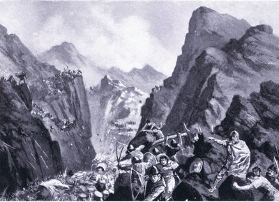 Förintelse av den grekiska armén, illustration från Hutchinsons History of the Nations VOL 4 c.1920-talet av John Harris Valda