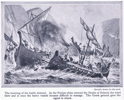 Slaget vid Salamis: När de persiska skeppen gick in i Salamis sund blåste vinden och de blev svåra att hantera, ca 1950 av John Harris Valda