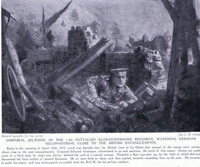 Korpral Selwood vann en DCM för att ha sett tyskar rekognoscera nära brittiska förvecklingar vid Le Gheer april 1915 av John Harris Valda