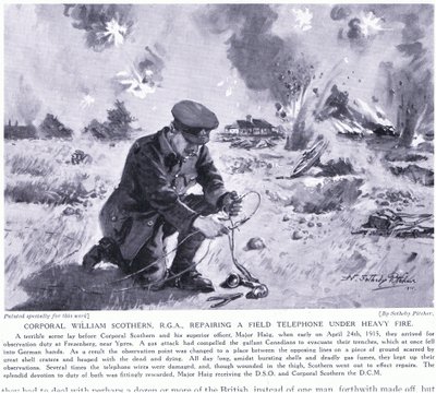 Korpral William Scothern RGA reparerade en fälttelefon under kraftig eldgivning och tilldelades DCM Ypres maj 1915. av John Harris Valda