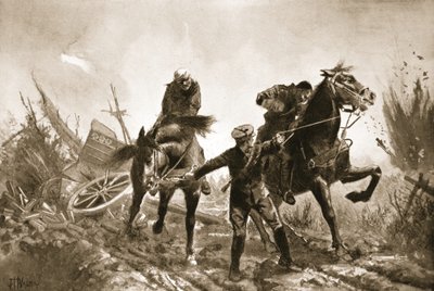 Förare Brown återvänder med skadade till häst från eldlinjen. av John Harris Valda