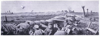 Gasattack på skyttegravarna i 2nd Lancashire Fusiliers där menig Lyn miste livet men vann VC. Ypres april 1915 av John Harris Valda